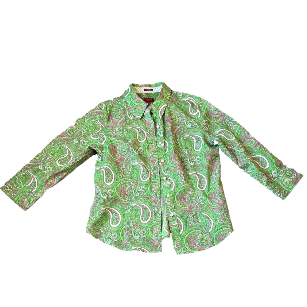 Talbots Bright Green Paisley Pattern Button Down Shirt Top Size 10P Office